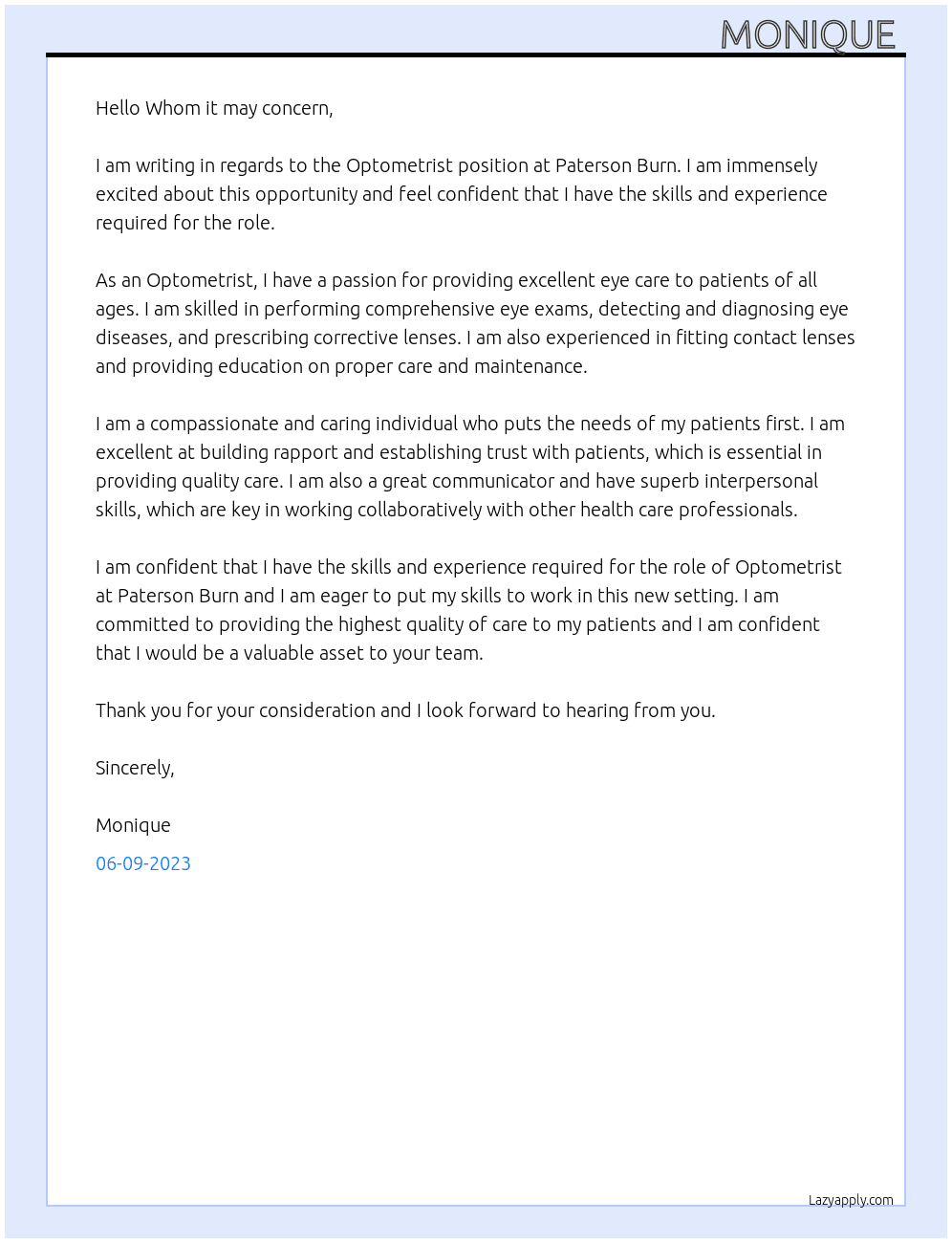 Optometrist  At Paterson burn Cover Letter