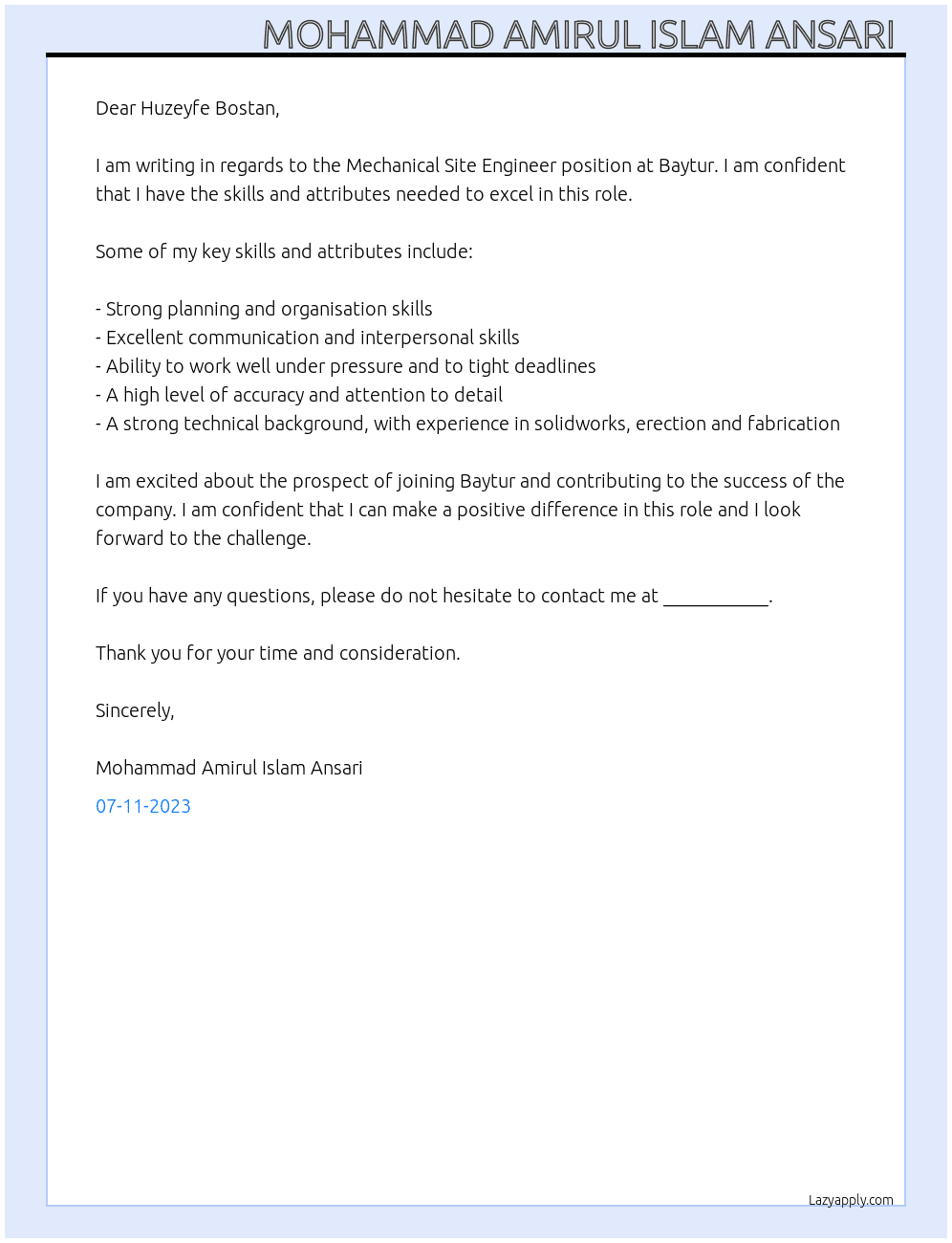 Mechanical site engineer  At Baytur Cover Letter