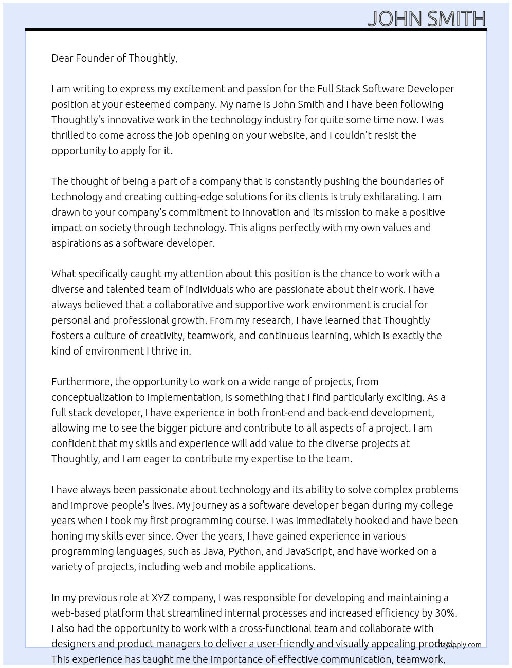 Full Stack Software Developer At Thoughtly Cover Letter