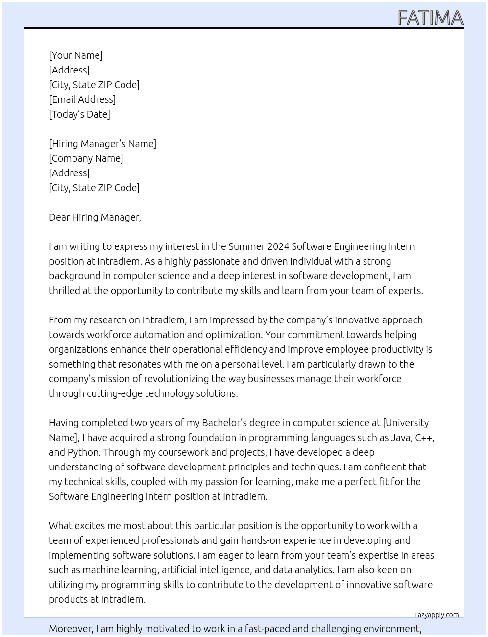 Summer 2024 Software Engineering Intern At Intradiem Cover Letter