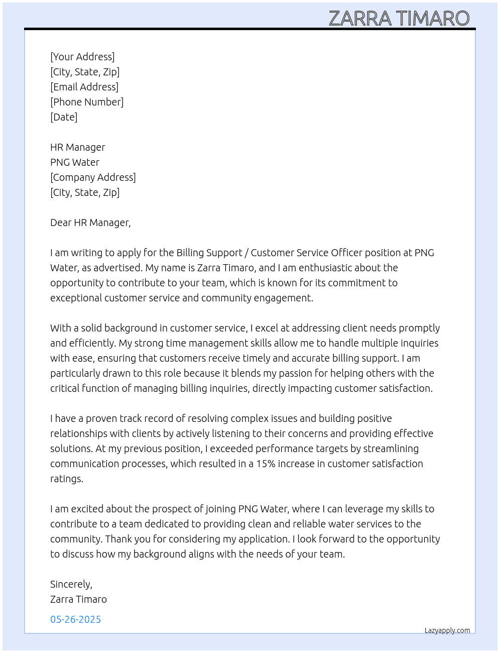 Billing Support / Customer Service Officer  At PNG Water Cover Letter