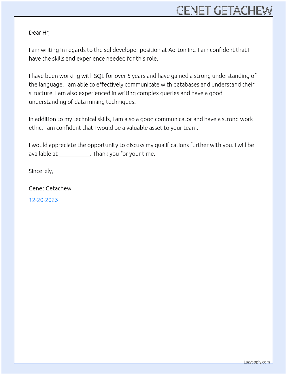 Sql developer  At Aorton Inc  Cover Letter