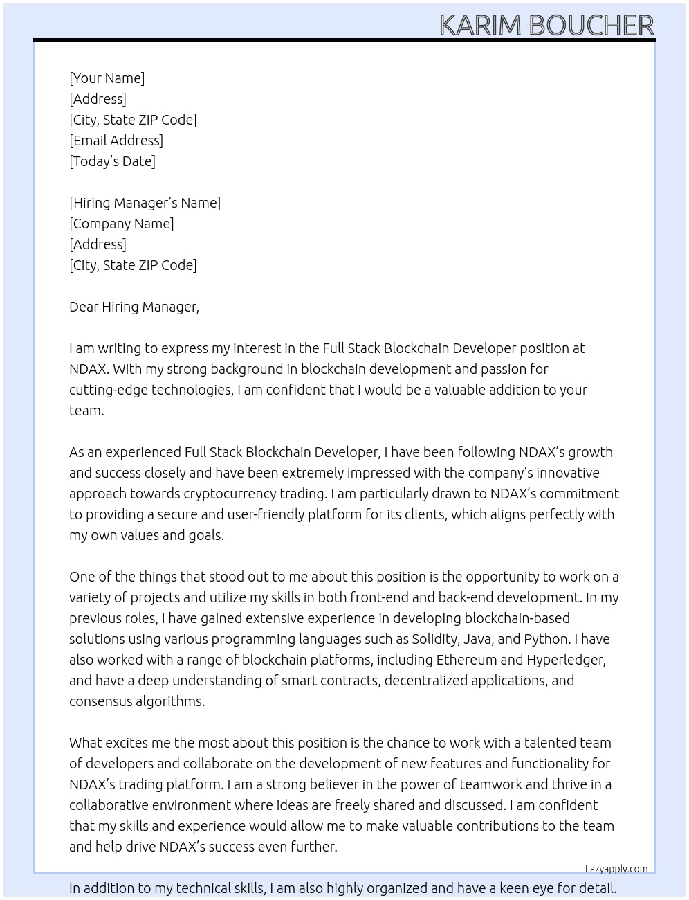  Full Stack Blockchain Developer At NDAX Cover Letter