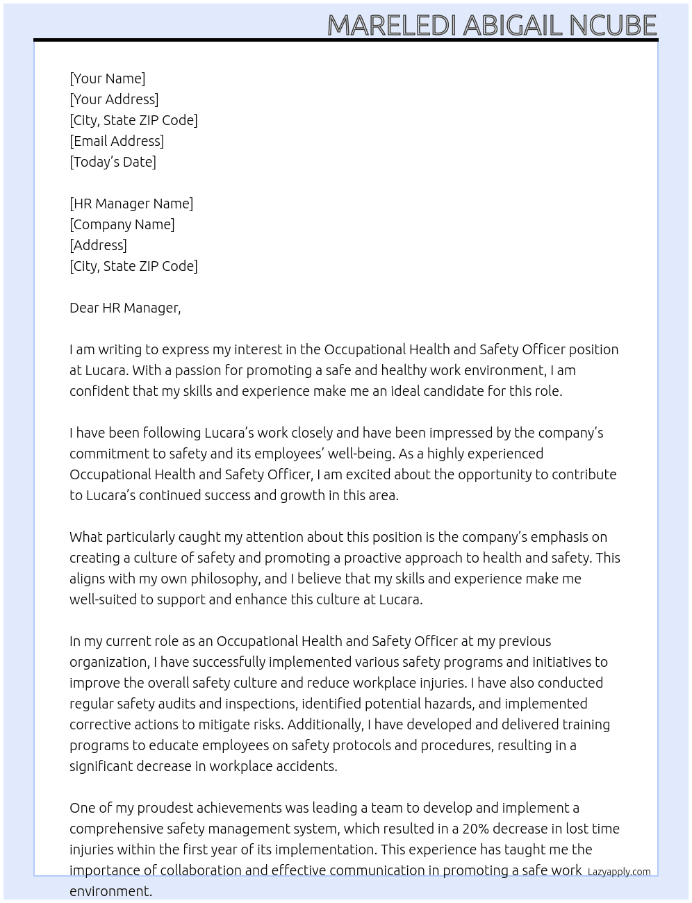 Occupational health and safety Officer At Lucara Cover Letter