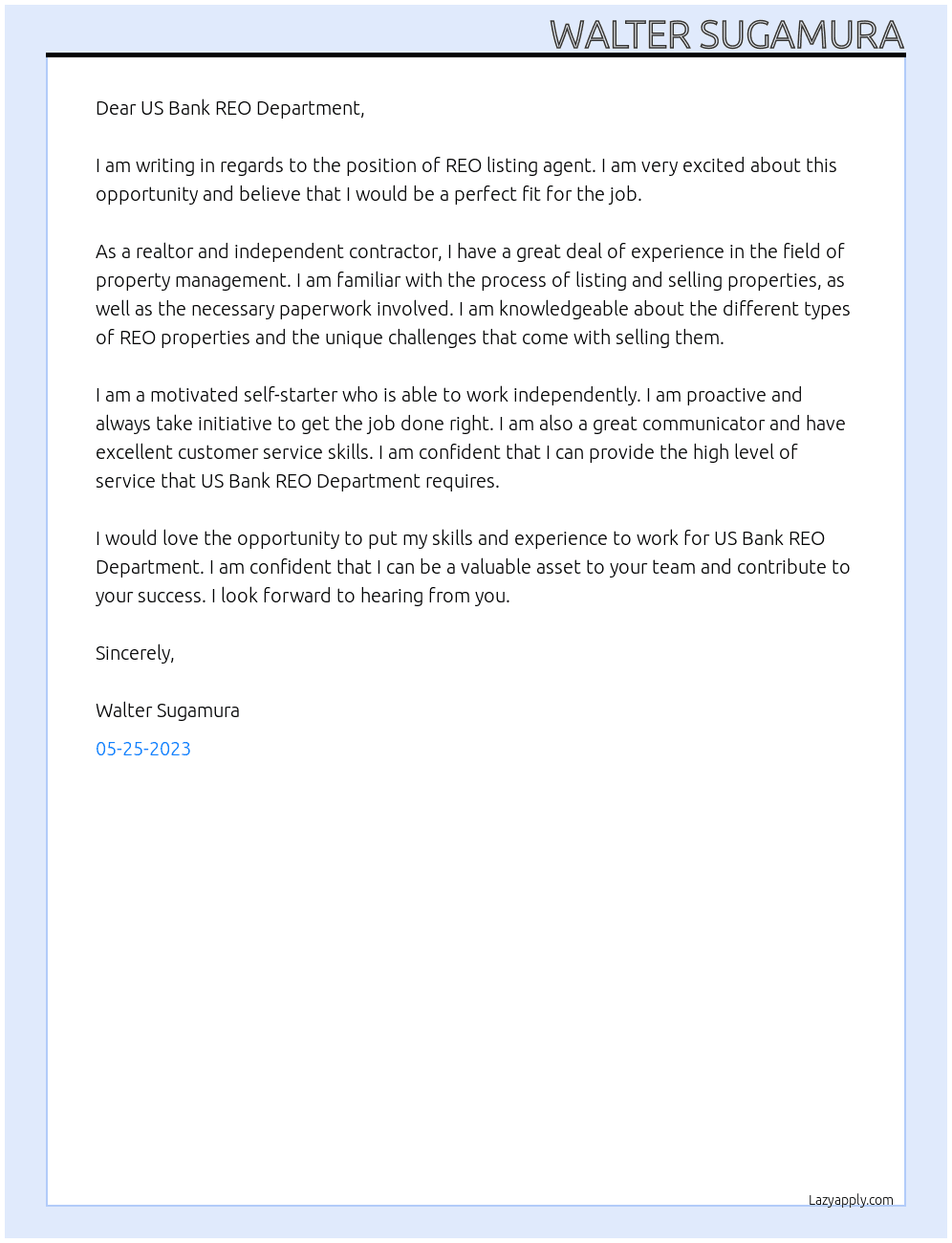 REO listing agent At Realtor - Independent Contractor Cover Letter