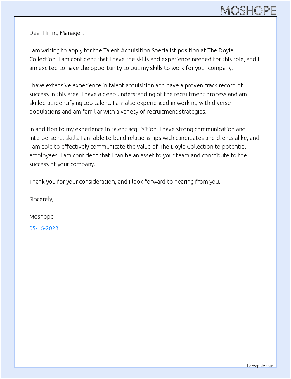 Talent Acquisition Specialist At The Doyle Collection Cover Letter