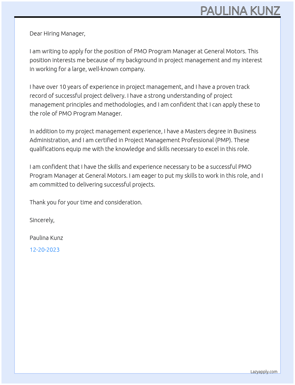 PMO Program Manager At General Motors Cover Letter