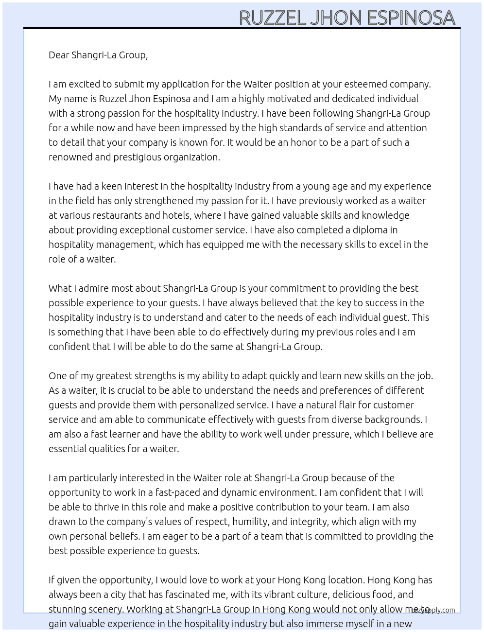 Waiter At Shangri-La Group Cover Letter