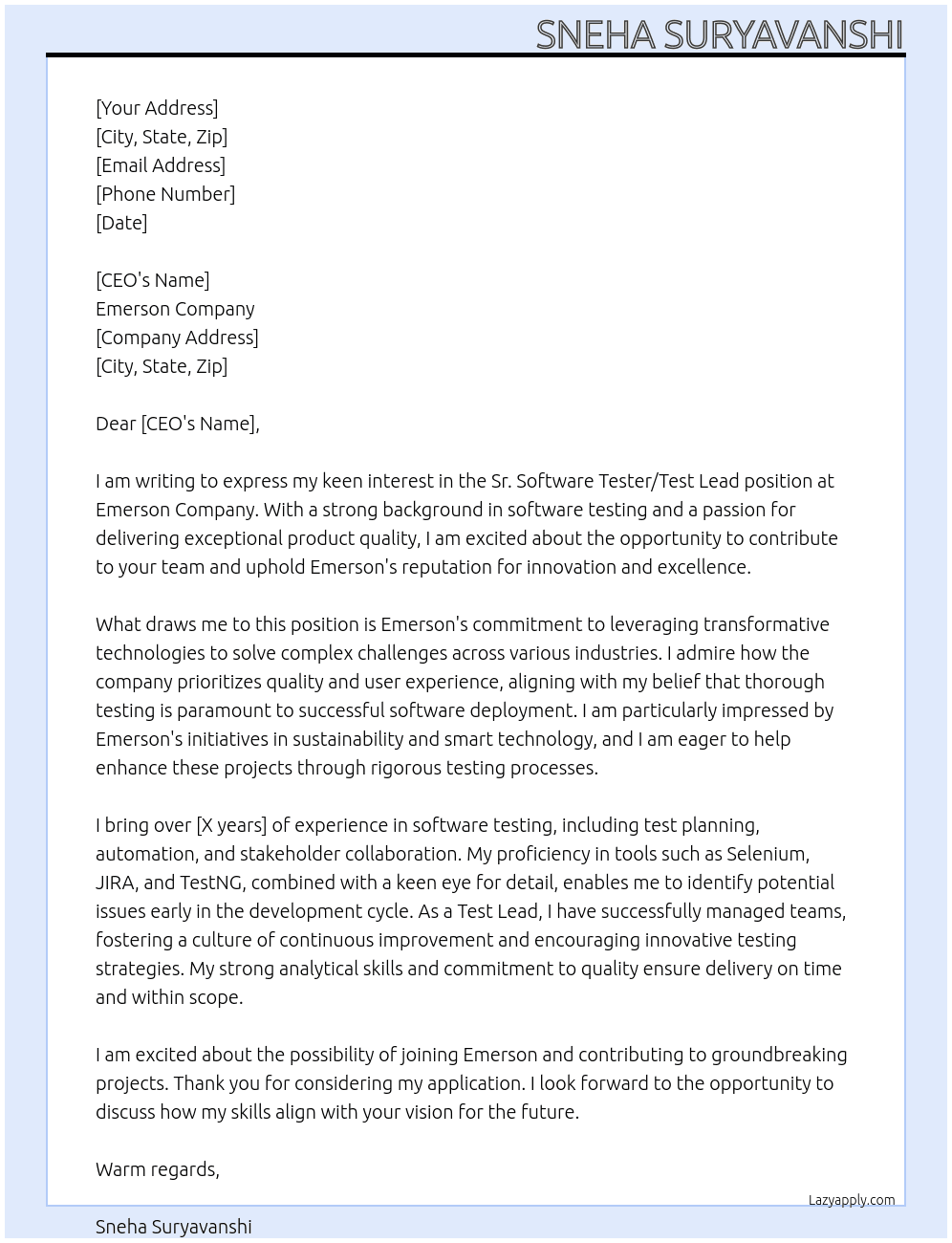Sr. Software Tester / Test Lead At  Emerson company Cover Letter