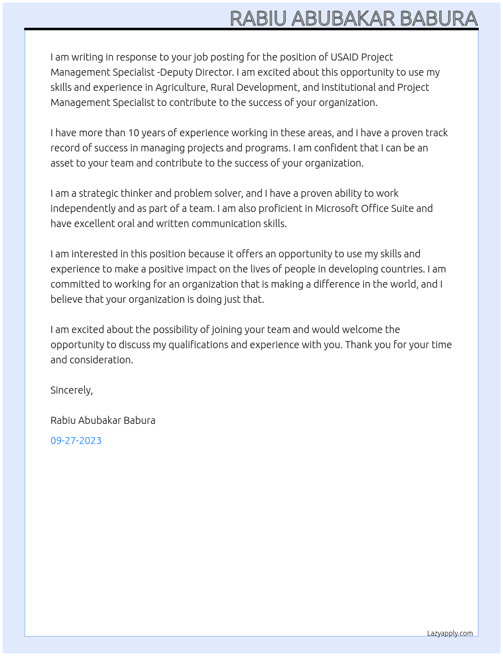 USAID Project Management Specialist -Deputy Director Solicitation Number 72062023R10022 At Inter-Tropical Consultants Limited Cover Letter