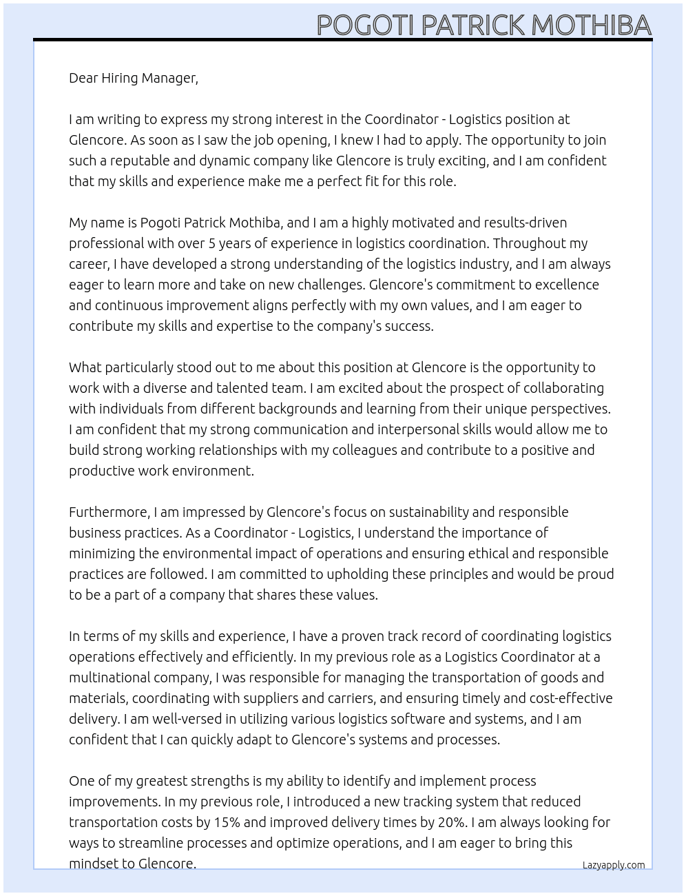 Cover letter for coordinator - logistics - LazyApply