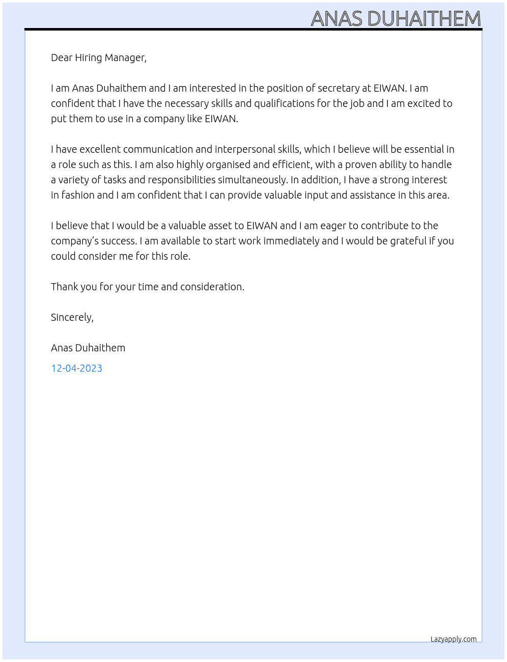 secretary  At EIWAN Cover Letter