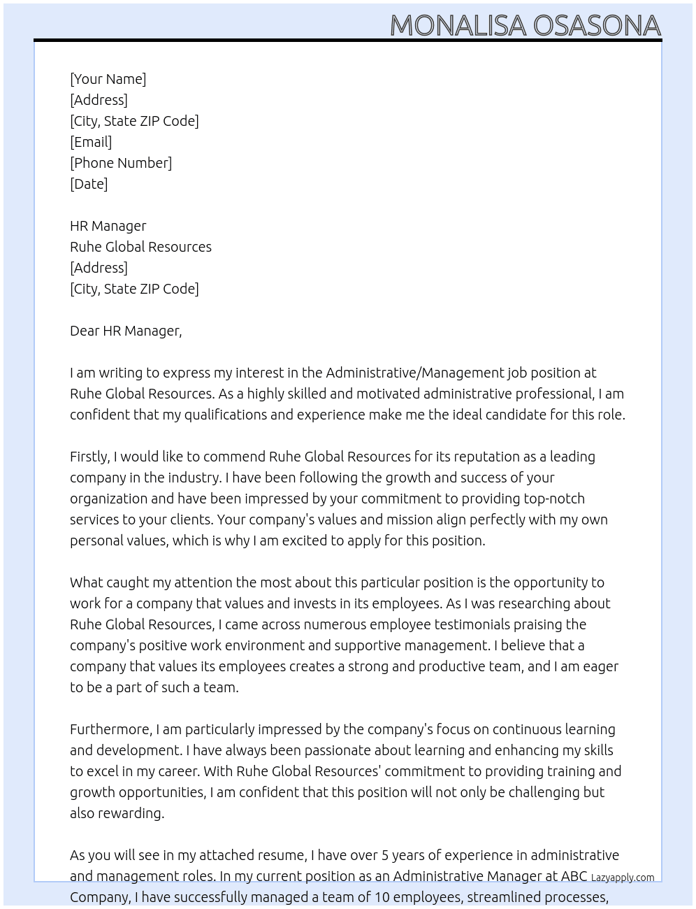 Administrative / Management jobs At Ruhe Global Resources Cover Letter