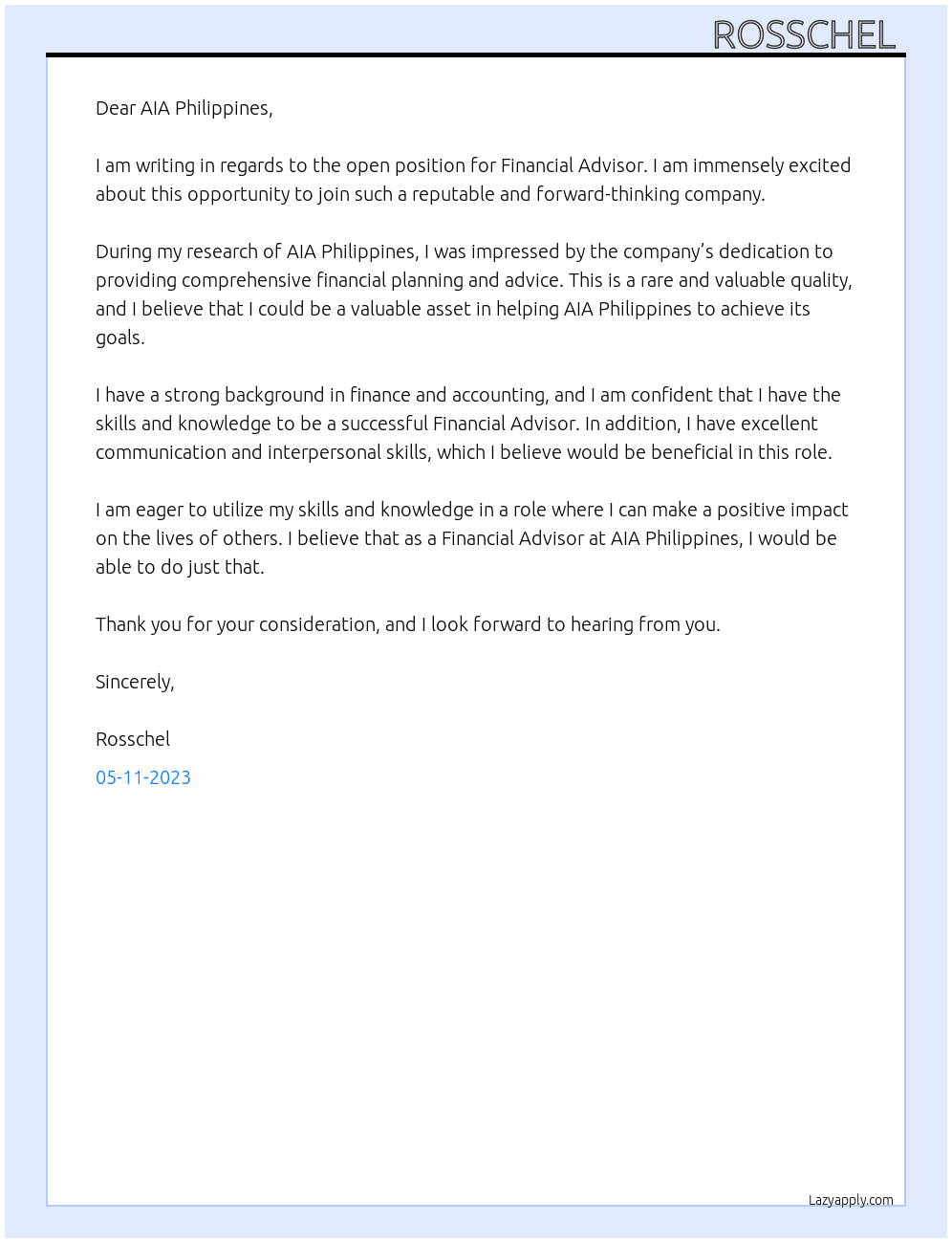 students applying for FINANCIAL ADVISOR  At AIA PHILIPPINES  Cover Letter