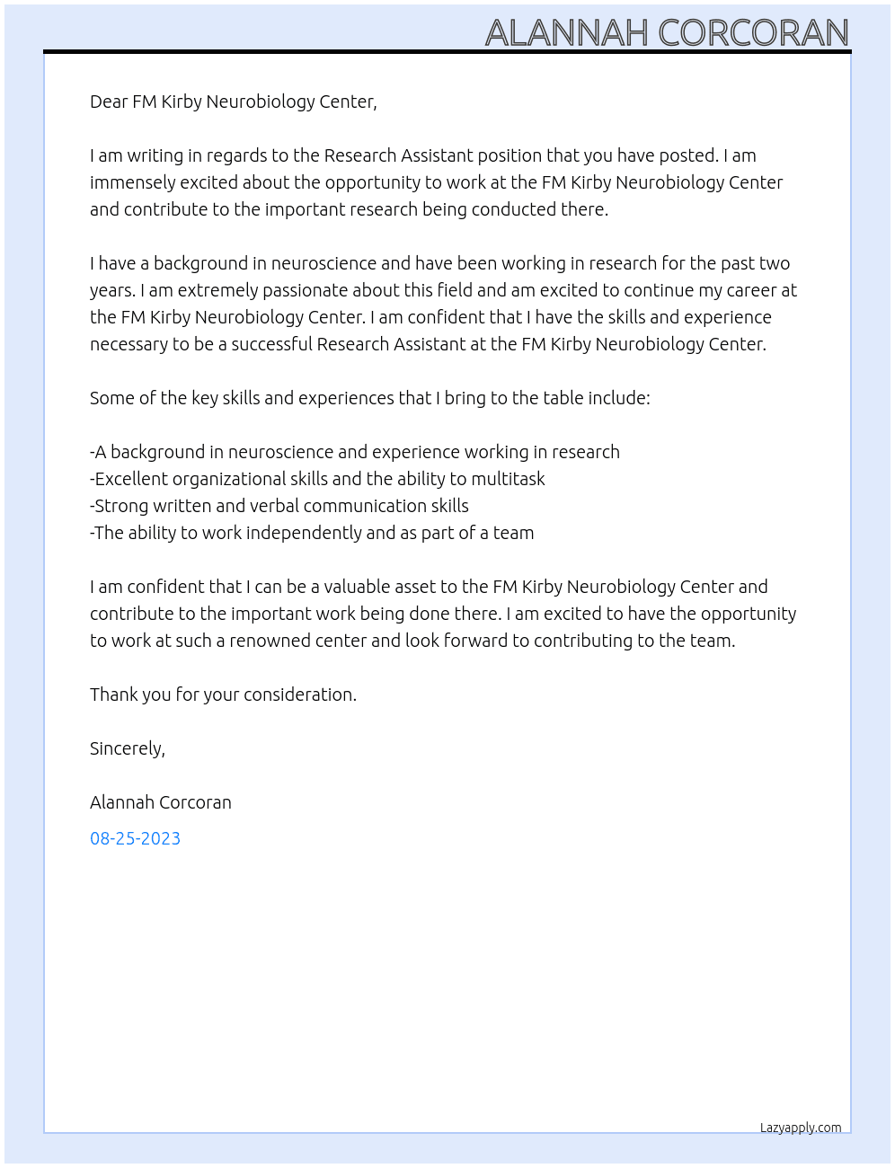 Research Assistant At FM Kirby Neurobiology Center Cover Letter
