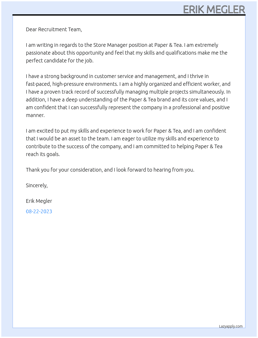 Store Manager At Paper & Tea Cover Letter