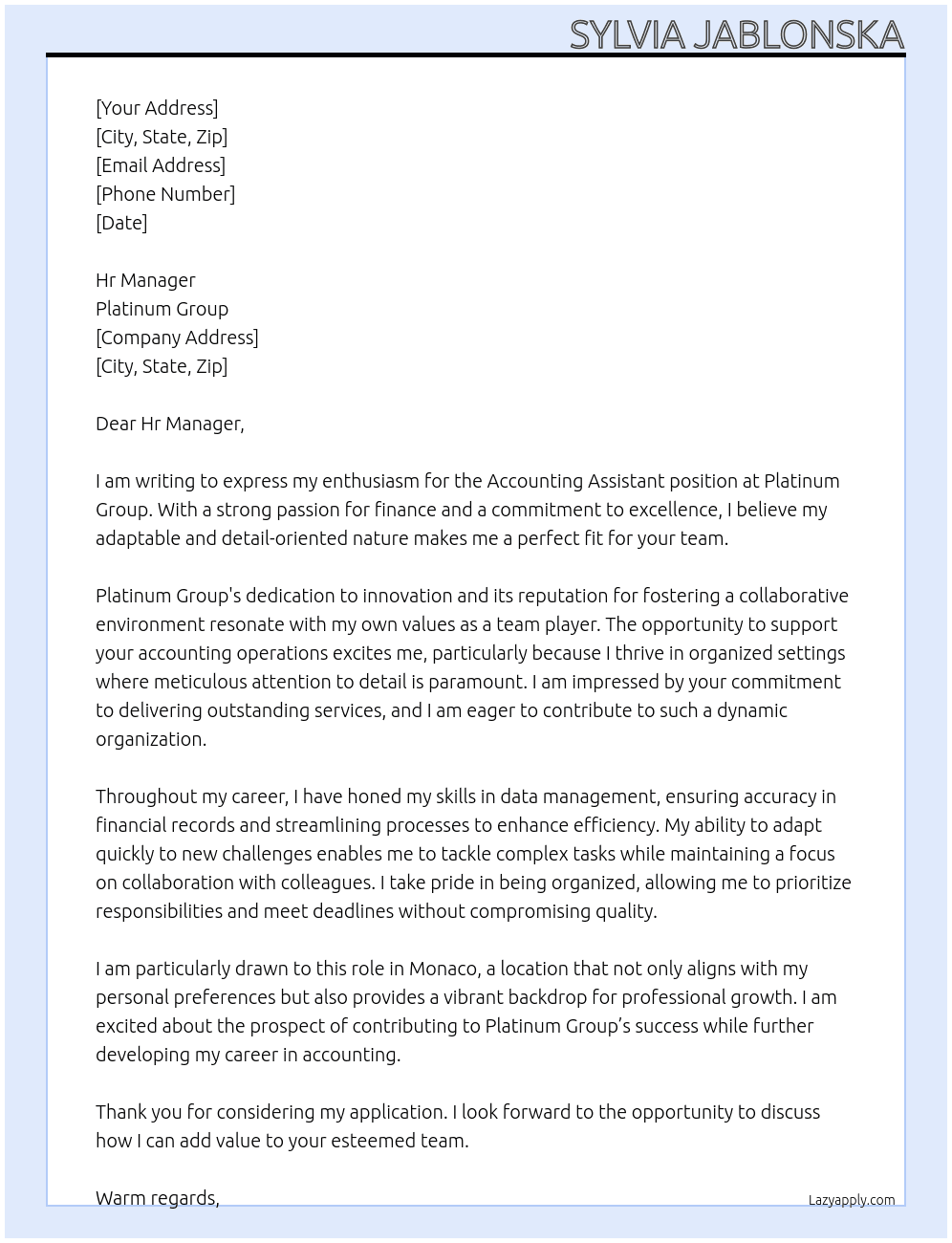 Accounting Assistant At Platinum Group Cover Letter
