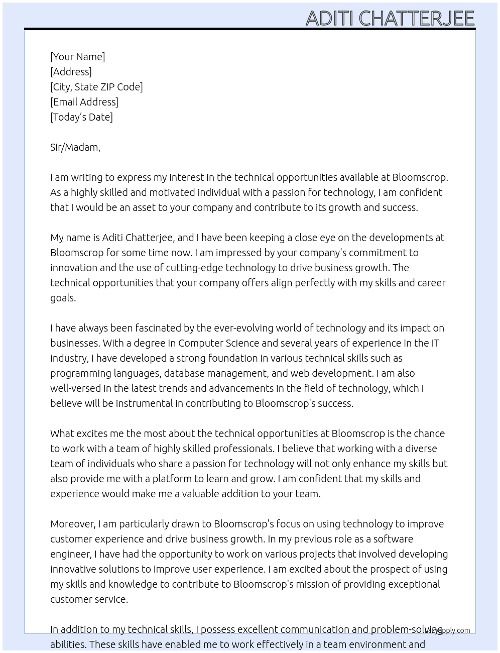 technical opportunities At Bloomscrop Cover Letter