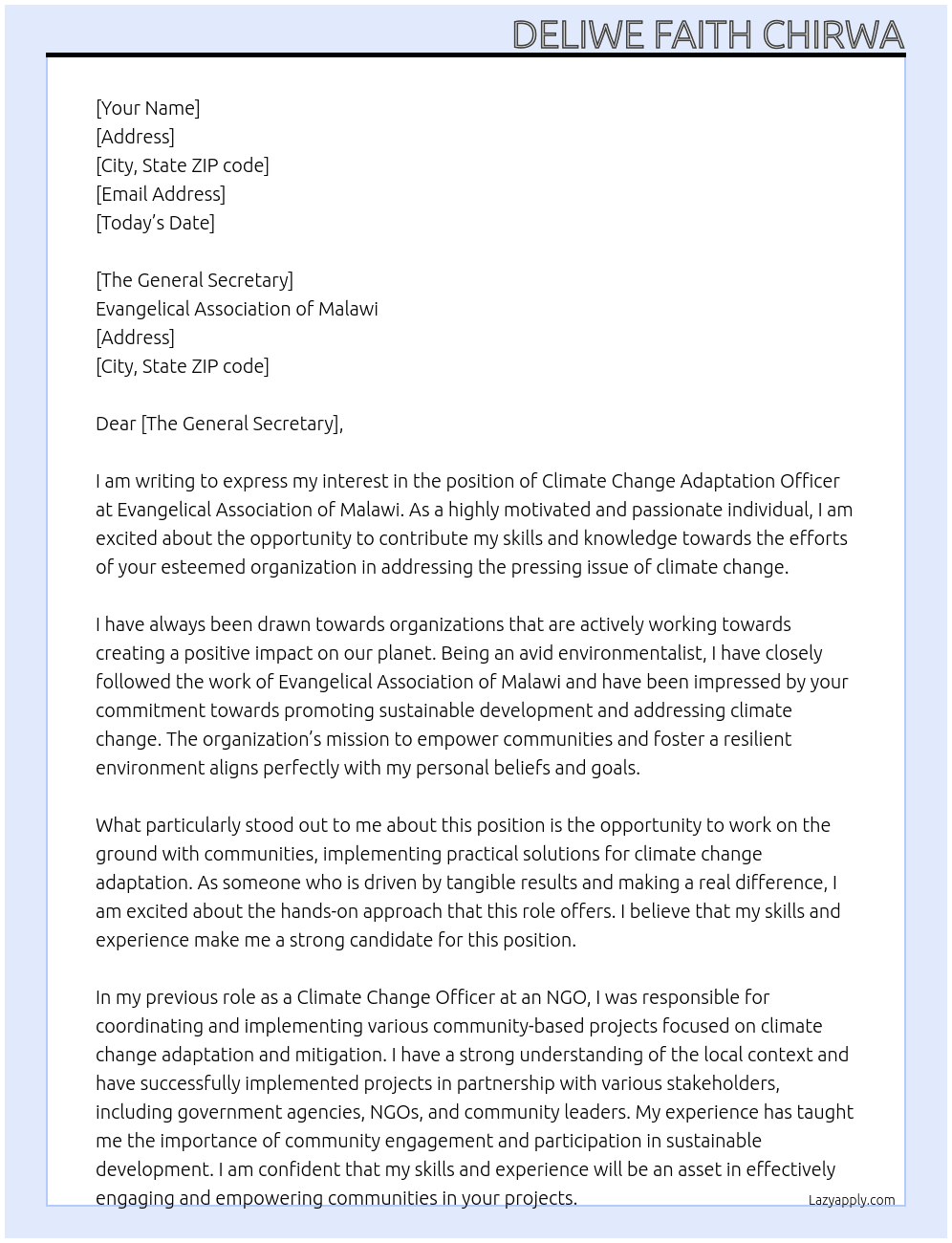 climate change adaptation officer At Evangelical Association of Malawi Cover Letter