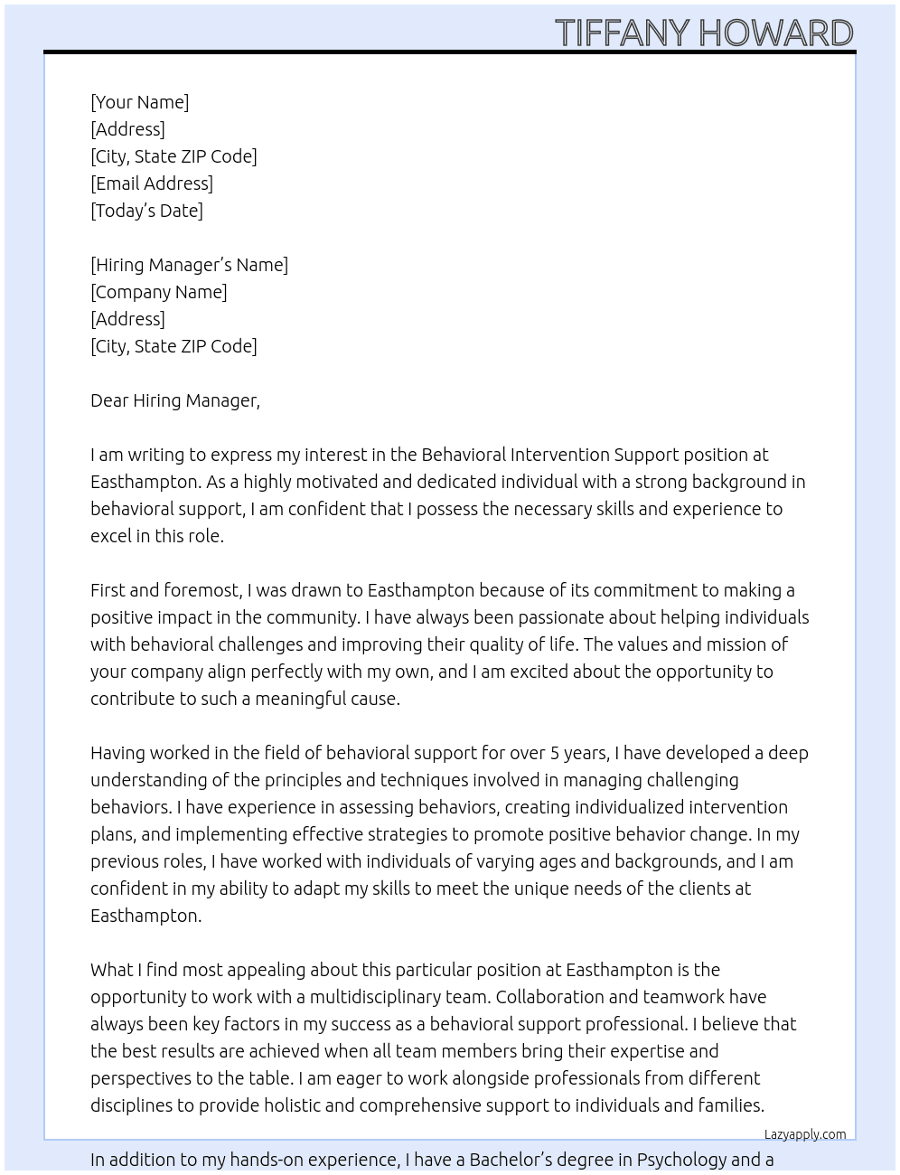 Behavioral invention support At Easthampton  Cover Letter
