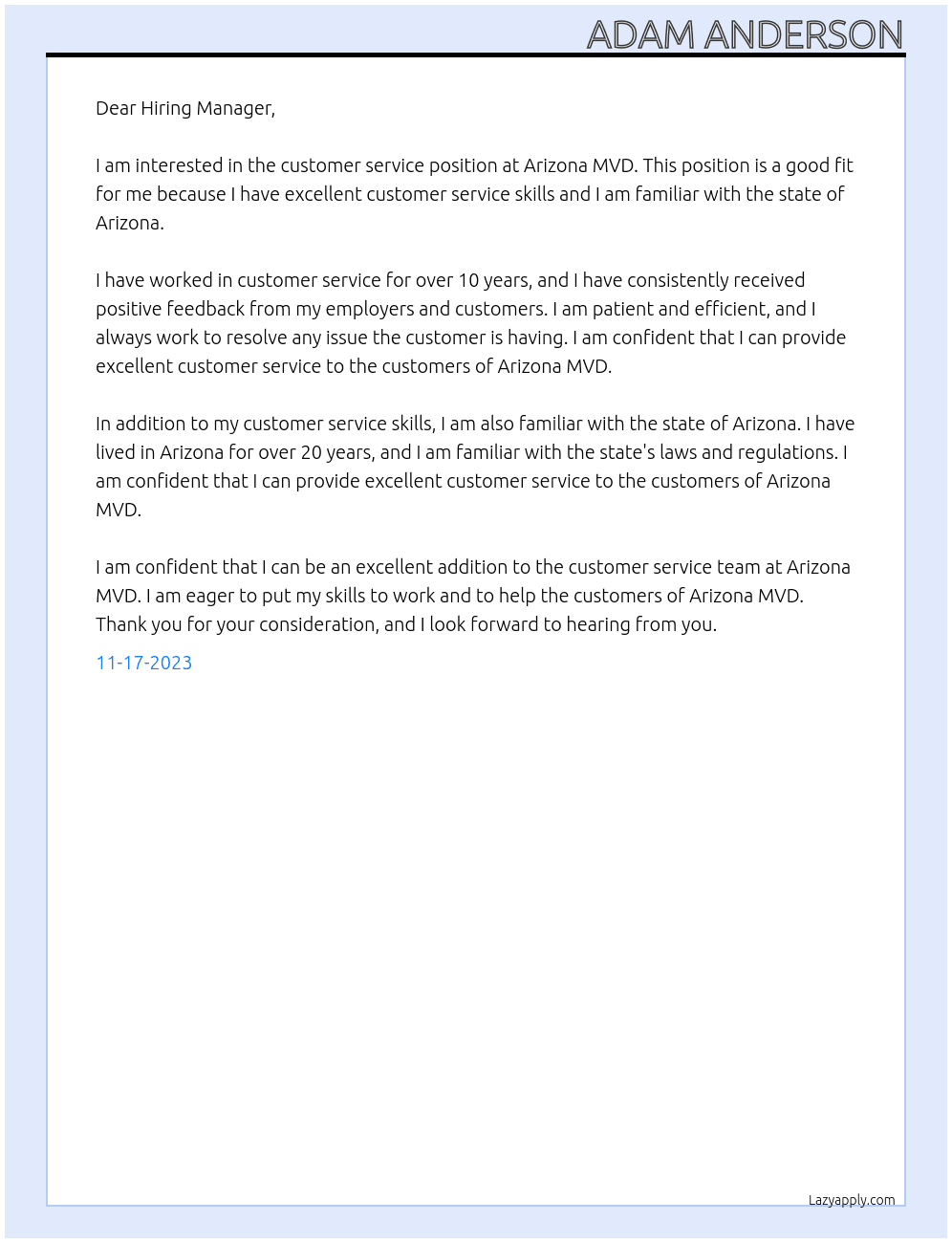 Customer Service  At Arizona MVD Cover Letter