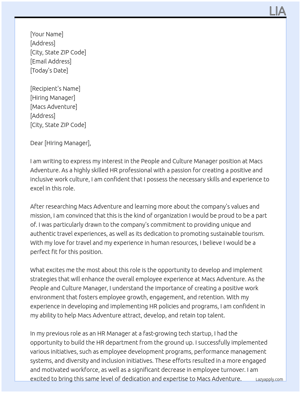 People and Culture Manager At Macs Adventure Cover Letter