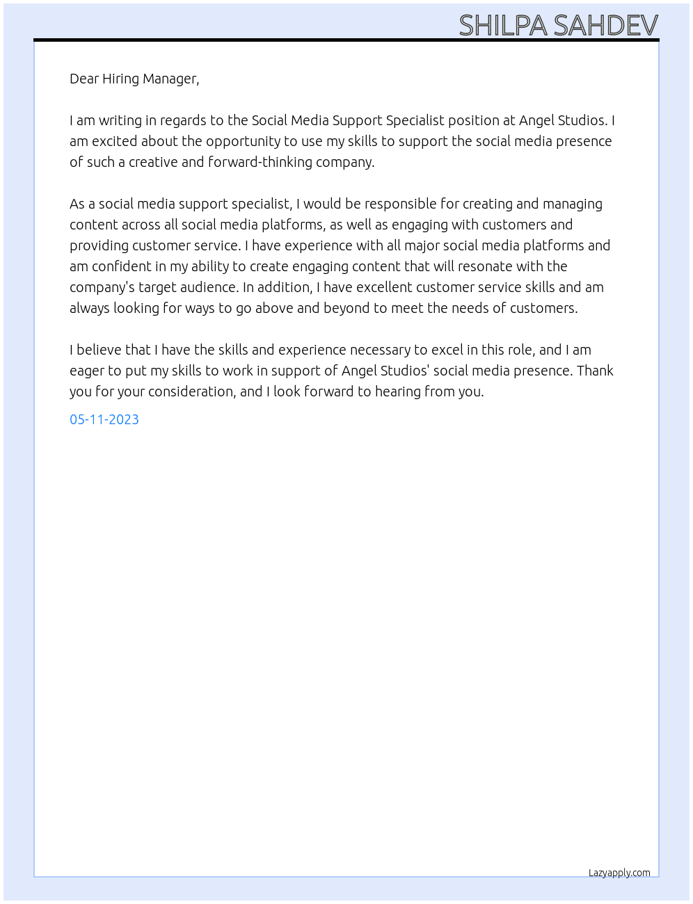Social Media Support Specialist At Angel Studios Cover Letter
