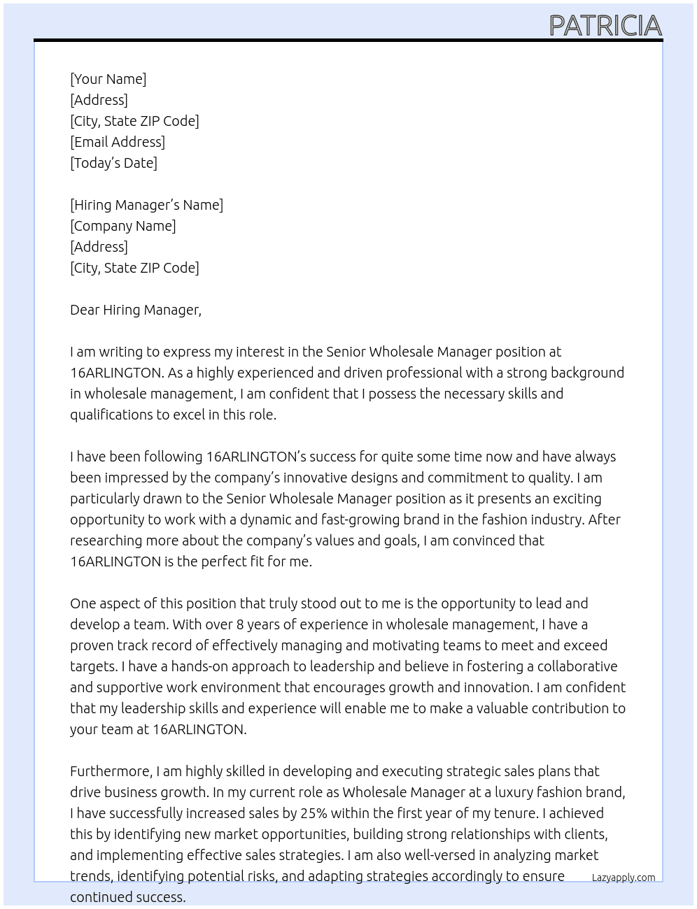 Senior Wholesale Manager At 16ARLINGTON Cover Letter