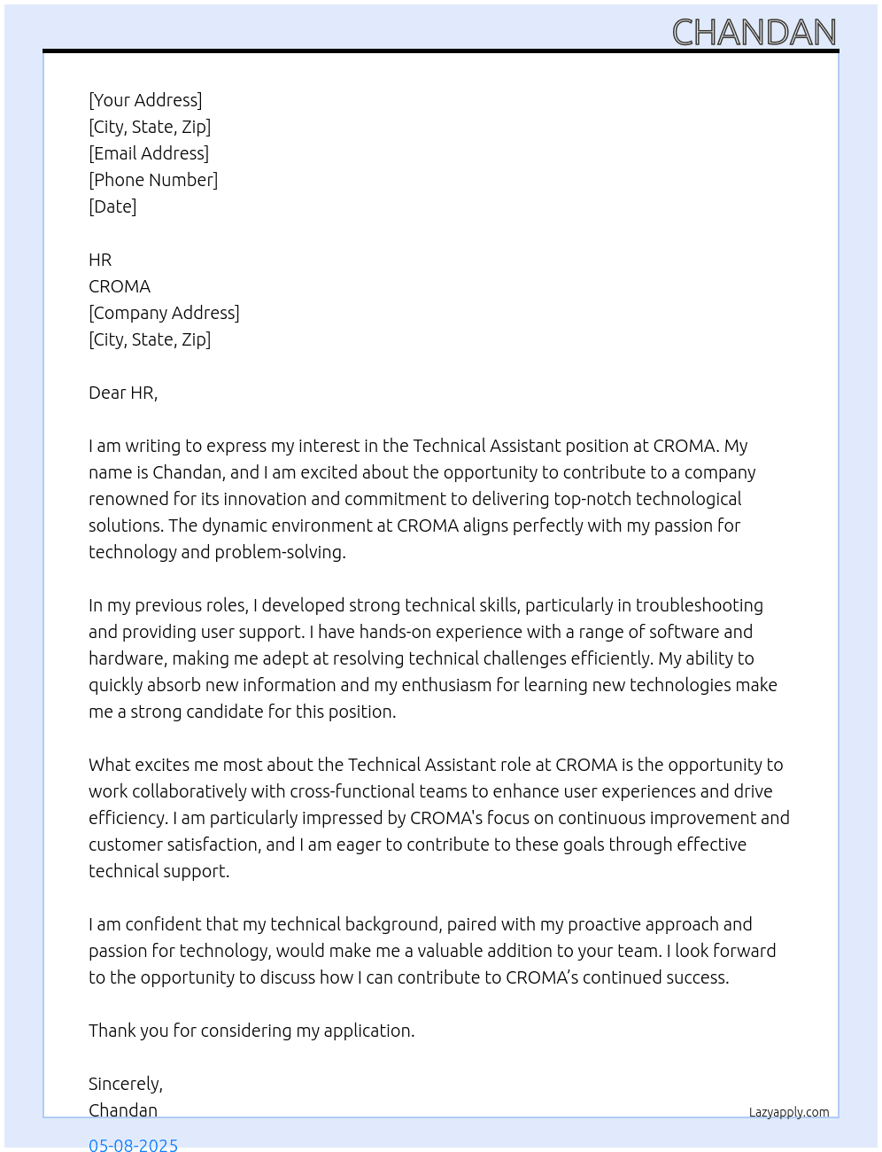 Cover letter for technical assistant - LazyApply