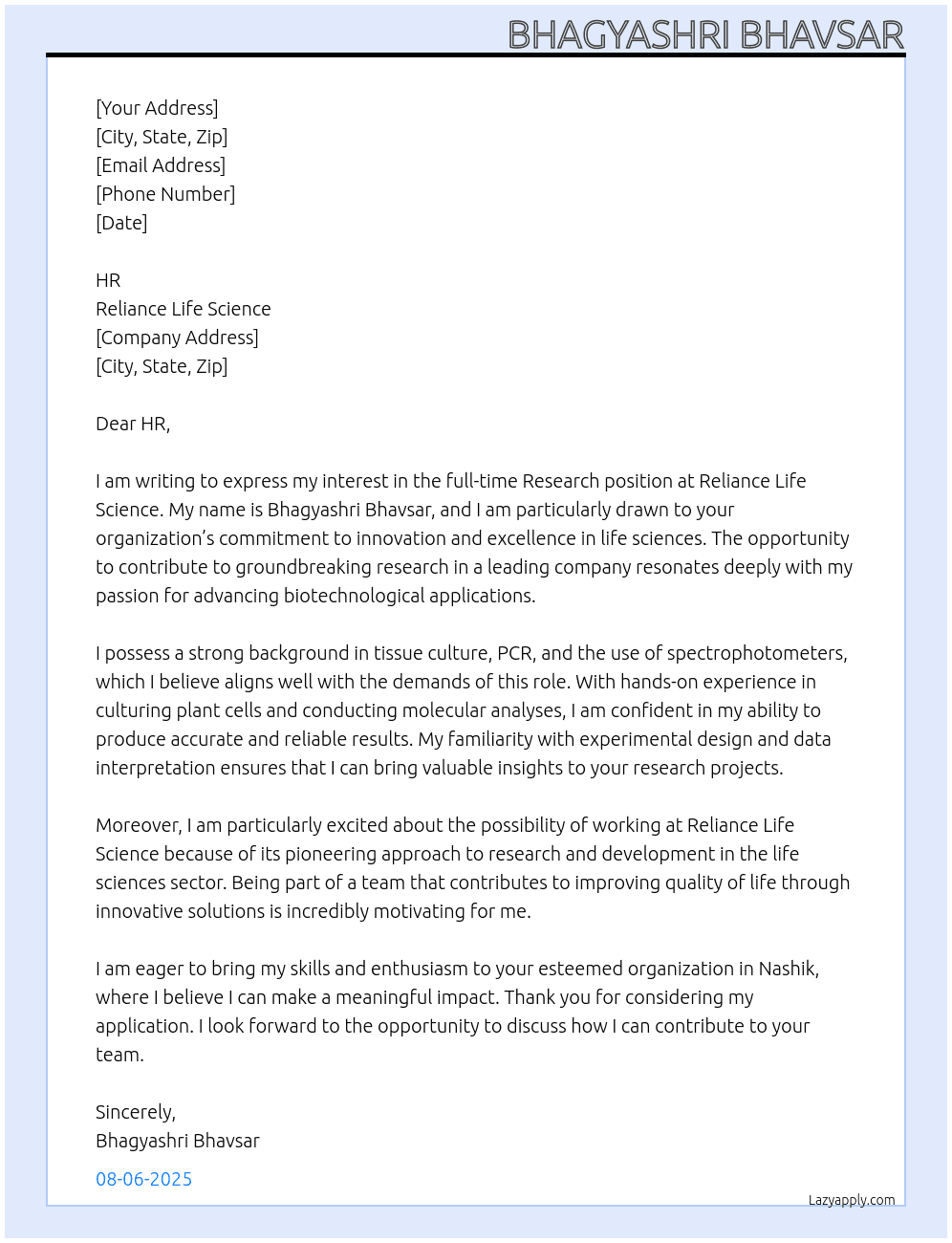 Cover letter for research - LazyApply