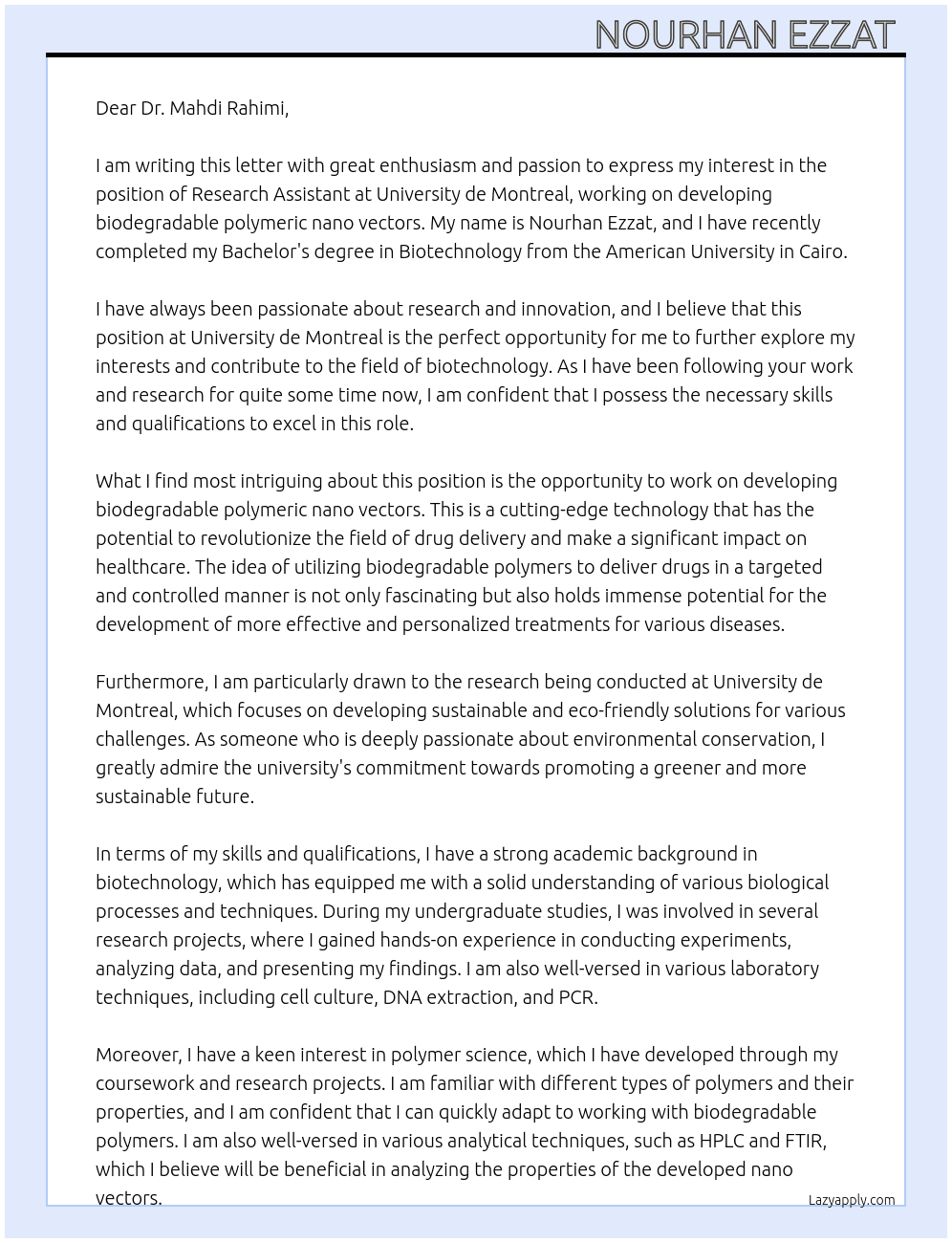 Research assistant  At University de Montreal Cover Letter