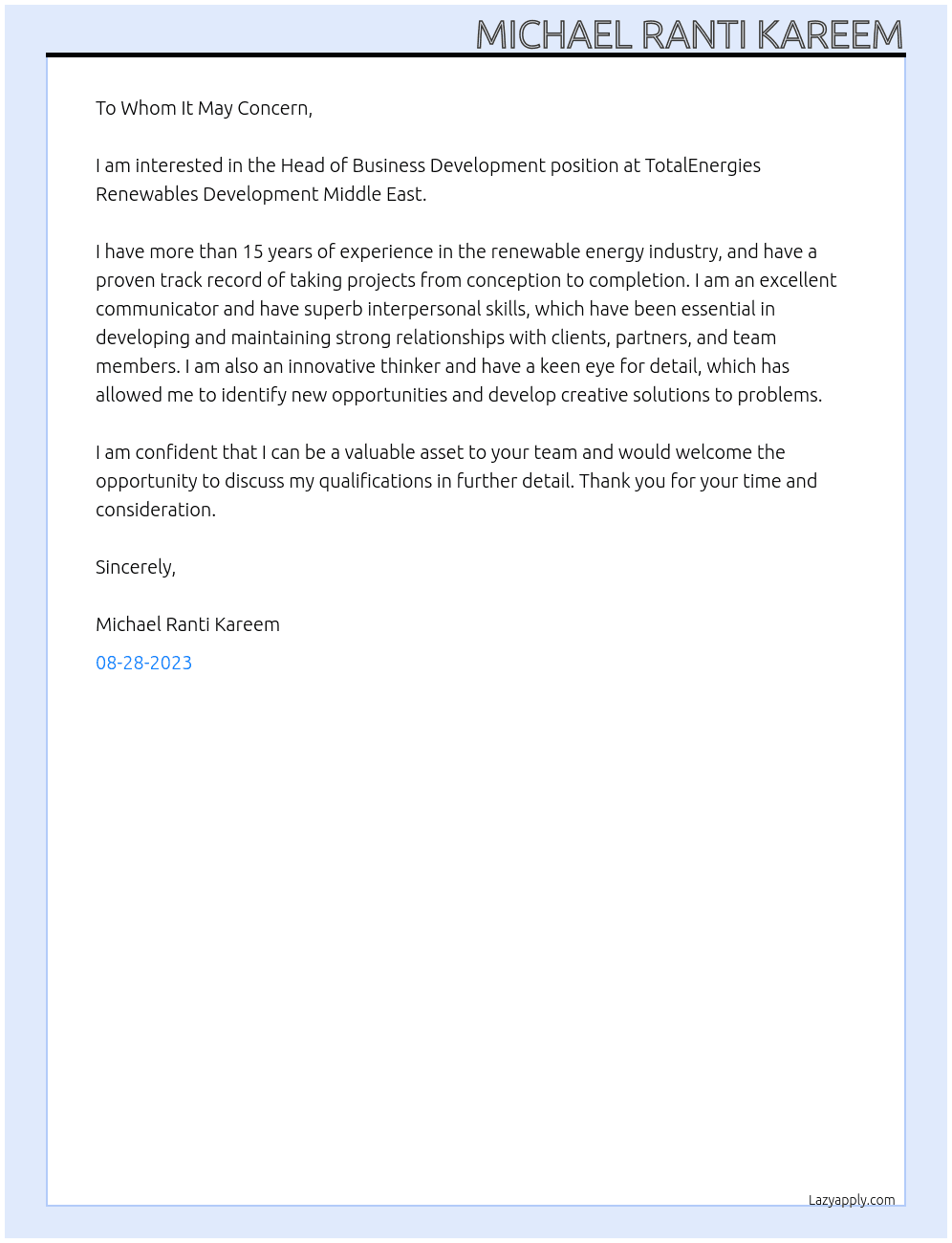 Head of Business Development At TotalEnergies Renewables Development Middle East Cover Letter
