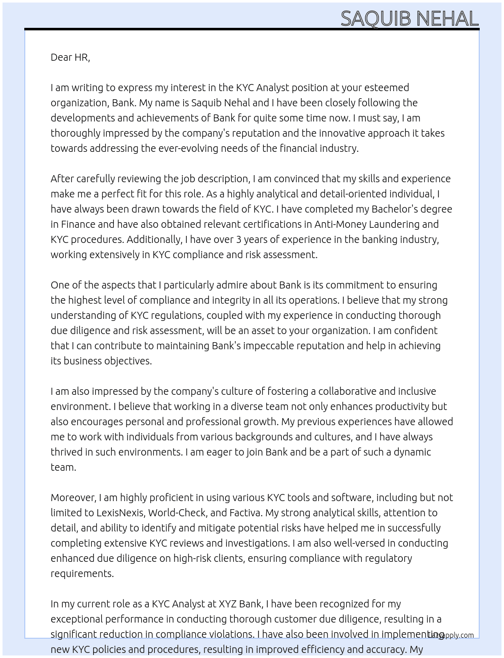 kyc analyst At bank Cover Letter