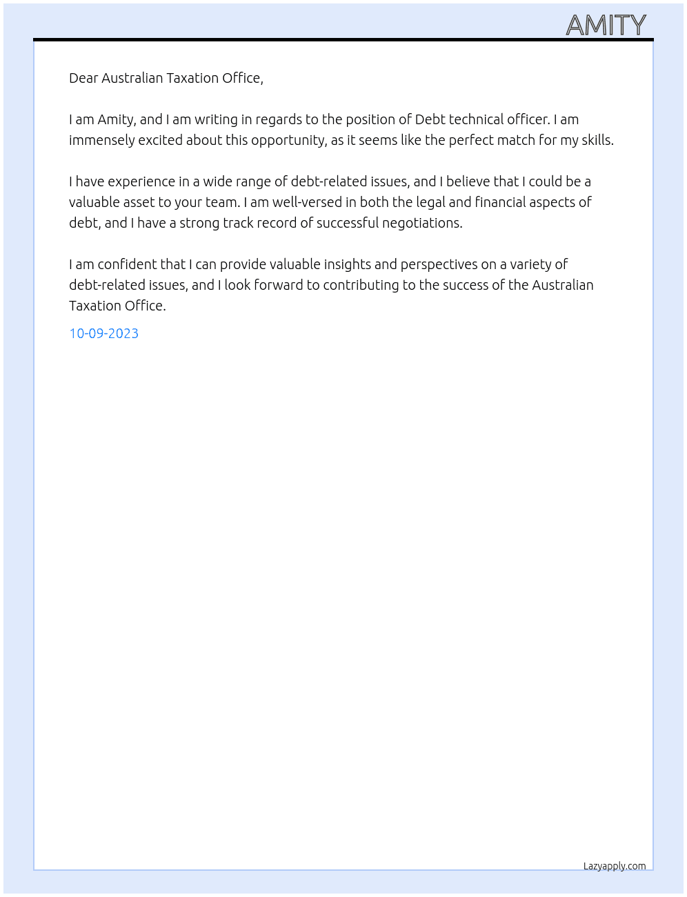 Debt technical officer  At Egan  Cover Letter