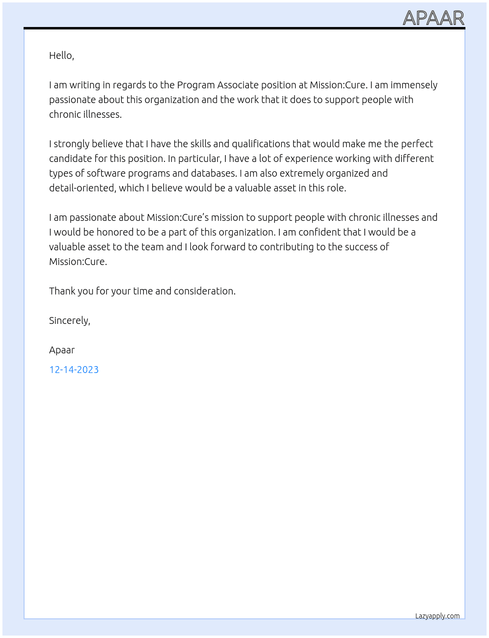 Program Associate  At Mission:Cure Cover Letter