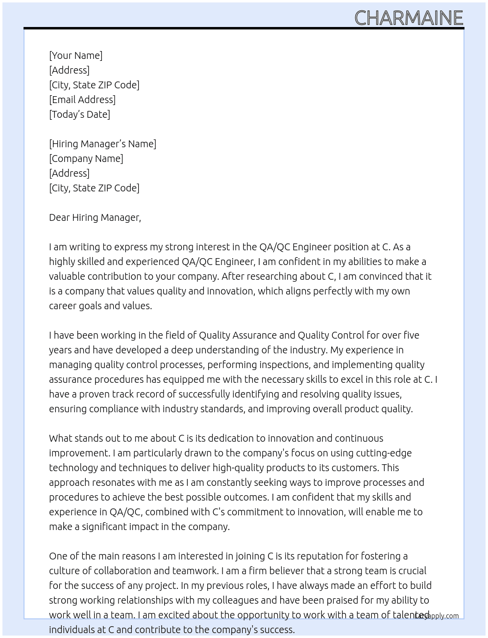 QA/QC Engineer At C Cover Letter