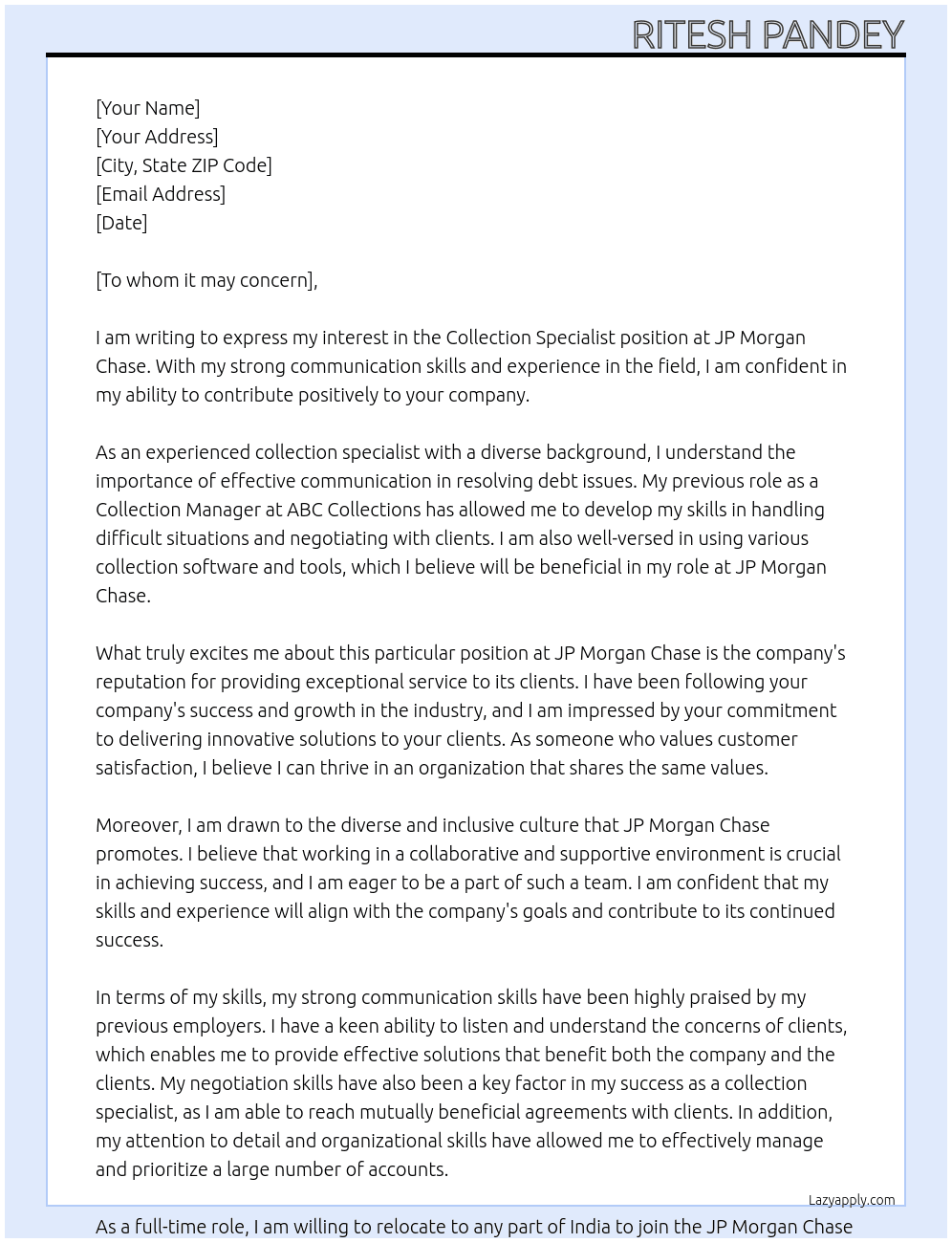 Collection specialist At Jp morganchase Cover Letter
