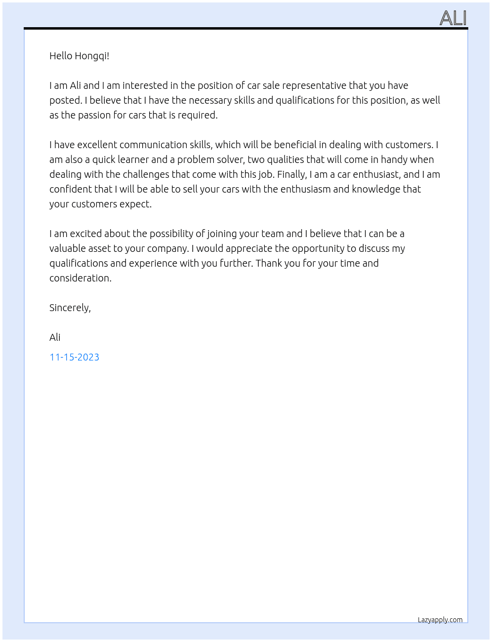 Car sale representative  At Hongqi Cover Letter