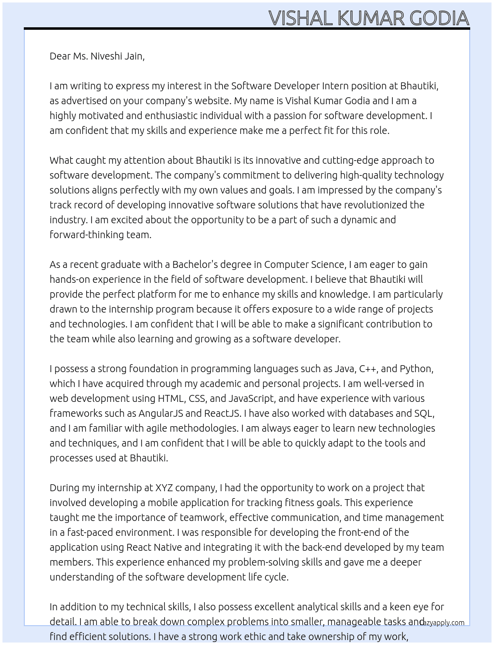 software devloper intern At Bhautiki Cover Letter