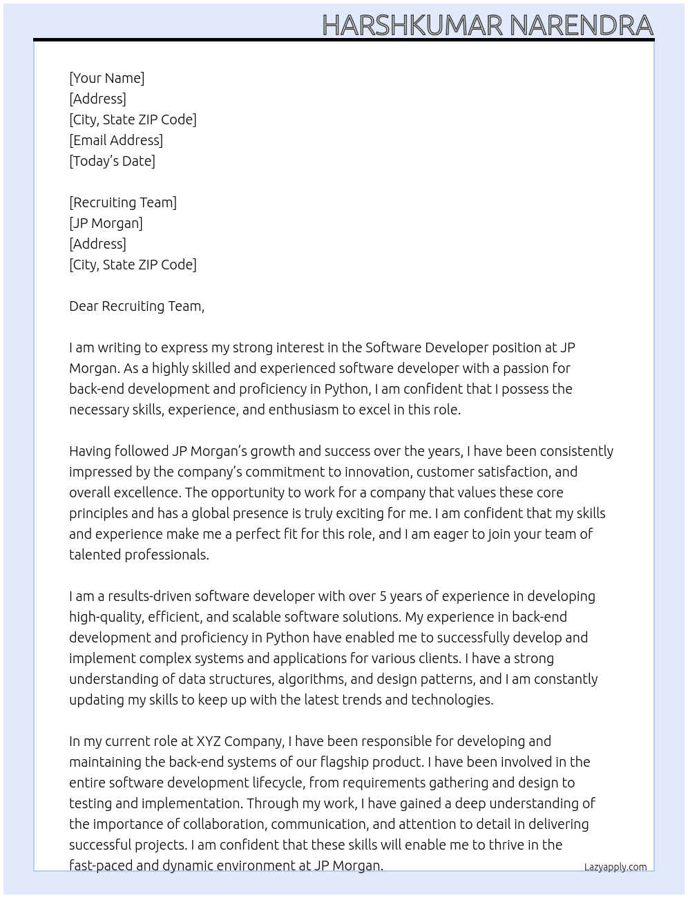 software devloper At JP Morgan Cover Letter