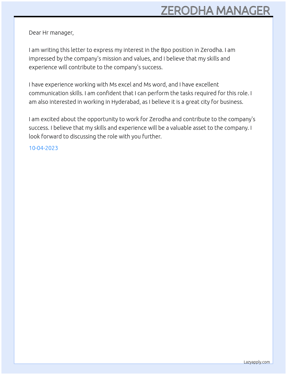 Bpo At Zerodha Cover Letter