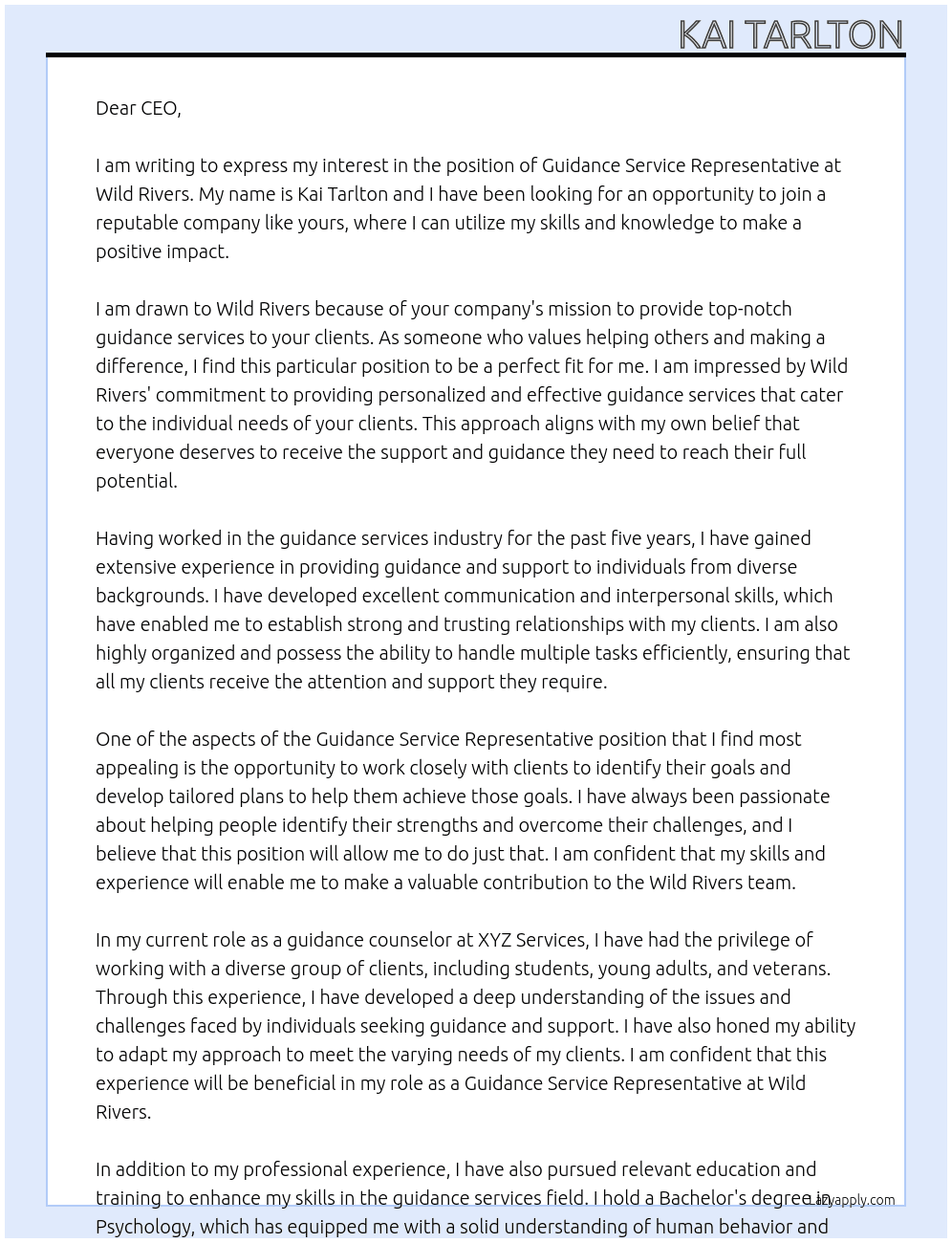 Guidence service representative At Wild Rivers Cover Letter