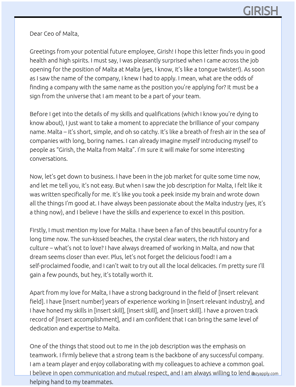 Cover letter for malta - LazyApply
