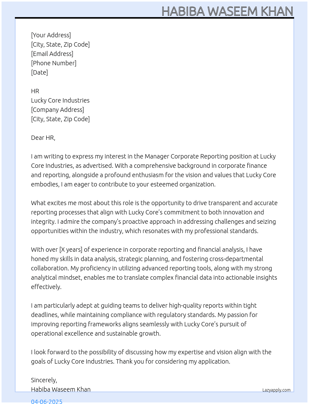 Manager Corporate Reporting At Lucky Core Industries Cover Letter