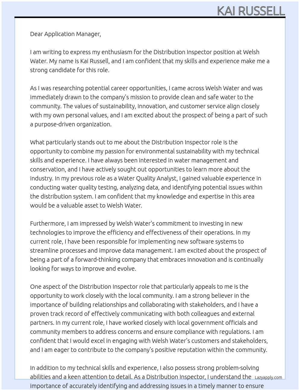 Distribution Inspector At Welsh Water Cover Letter