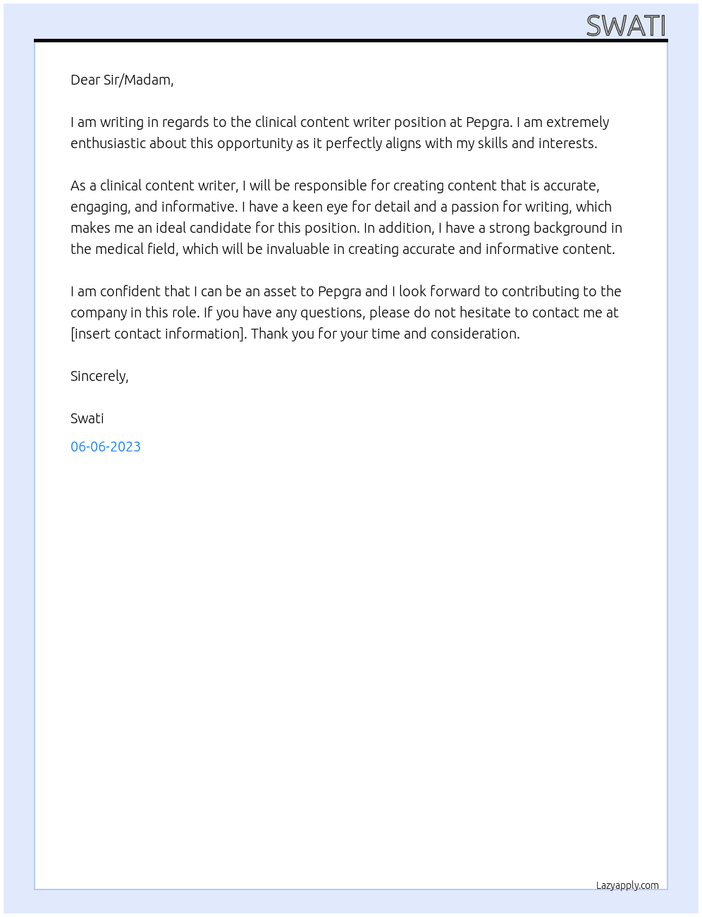 clinical content writer At pepgra Cover Letter