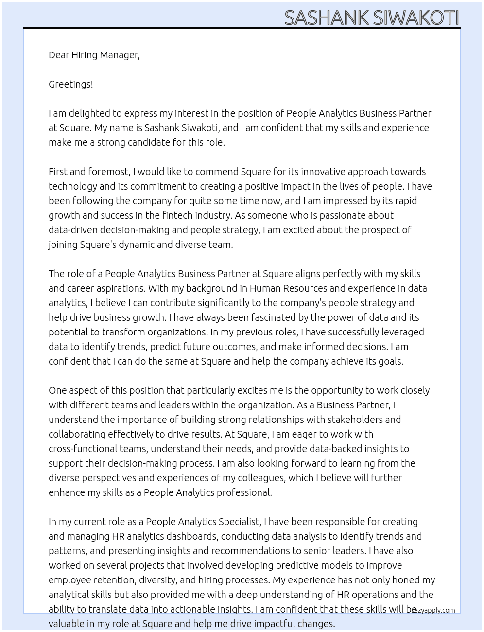 People Analytics Business Partner At Square Cover Letter