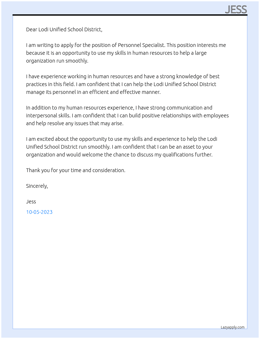 Personnel Specialist  At Lodi Unified School District  Cover Letter