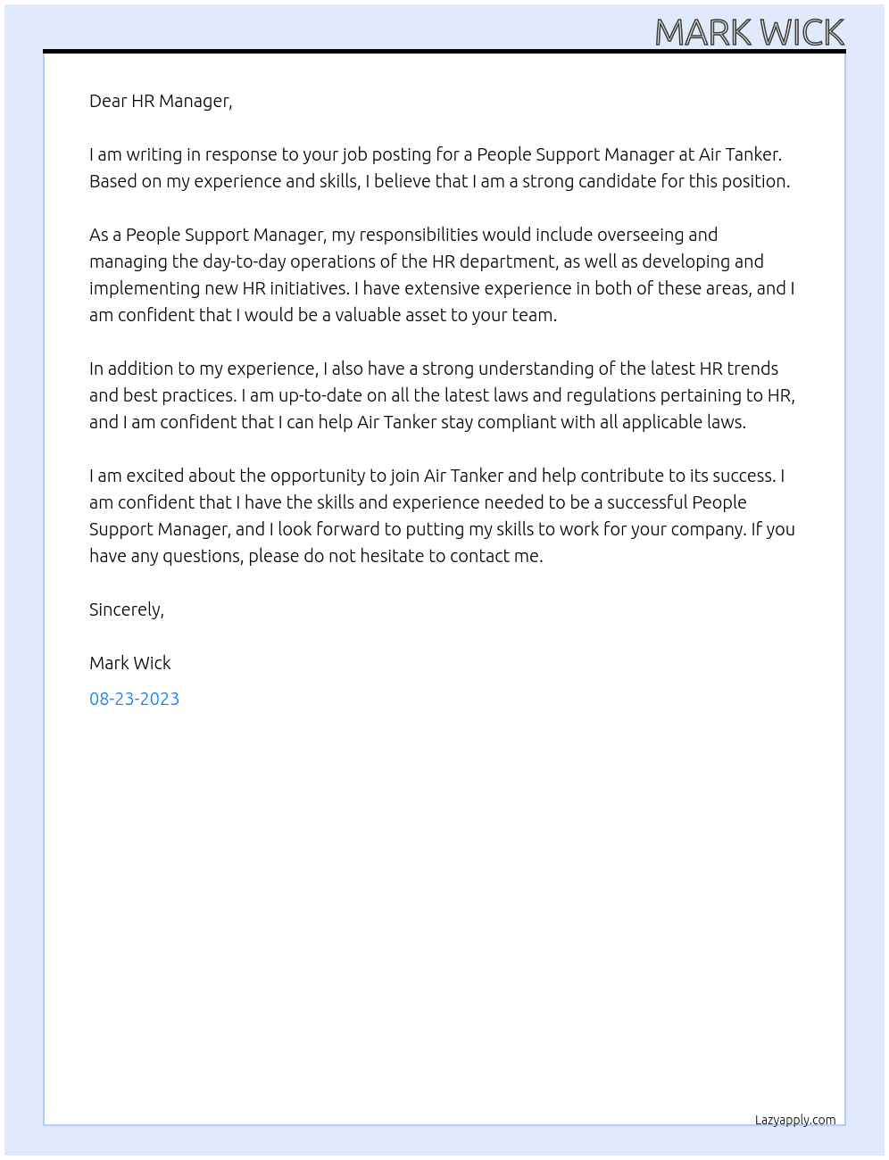 People Support Manager At Air Tanker Cover Letter