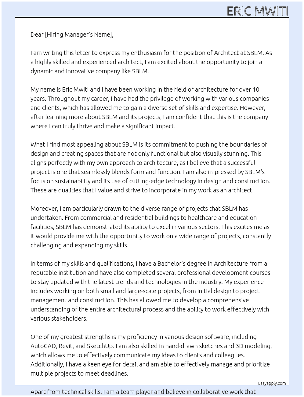 architect At sblm Cover Letter
